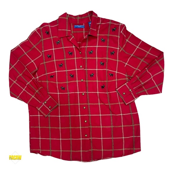 Karen Scott Sport Womens Shirt Red Checked Scottie Dog Button Down - Picture 1 of 5